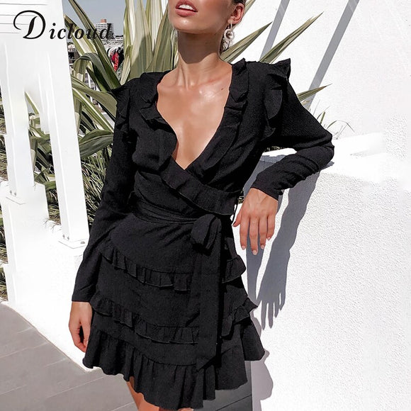 DICLOUD Elegant Black Women V Neck Dress Ruffle Long Sleeve Mini Party Dress Autumn Winter Solid A line Clothing Female