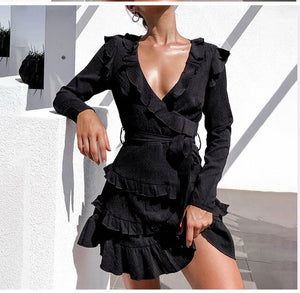 DICLOUD Elegant Black Women V Neck Dress Ruffle Long Sleeve Mini Party Dress Autumn Winter Solid A line Clothing Female