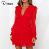 DICLOUD Sexy Red Ruffle Mini Party Dresses Women Elegant Long Sleeve Chiffon Dress 2019 Autumn Spring V Neck Christmas Clothing