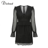 DICLOUD Sexy Red Ruffle Mini Party Dresses Women Elegant Long Sleeve Chiffon Dress 2019 Autumn Spring V Neck Christmas Clothing