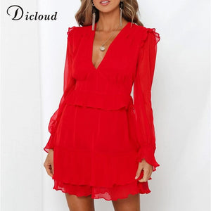 DICLOUD Sexy Red Ruffle Mini Party Dresses Women Elegant Long Sleeve Chiffon Dress 2019 Autumn Spring V Neck Christmas Clothing